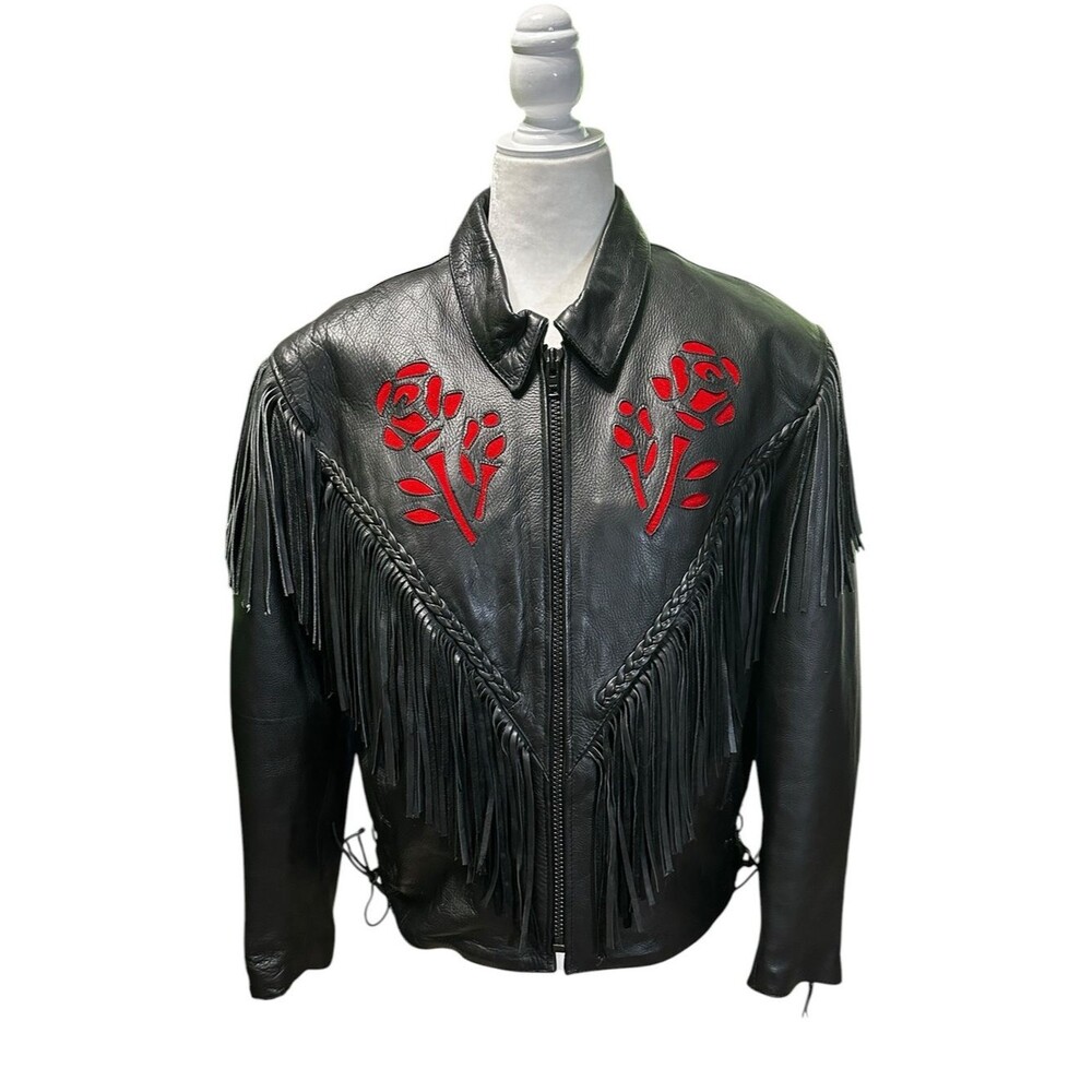 Interstate Leather XXL Black Rose Fringe Jacket Western Rodeo Biker Cowgirl